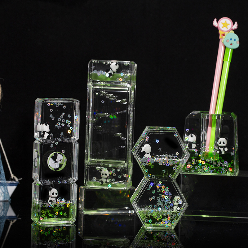 Acrílico transparente panda gota de aceite reloj de arena líquido botella de arena flotante regalo de cumpleaños para niños decoración de escritorio de oficina
