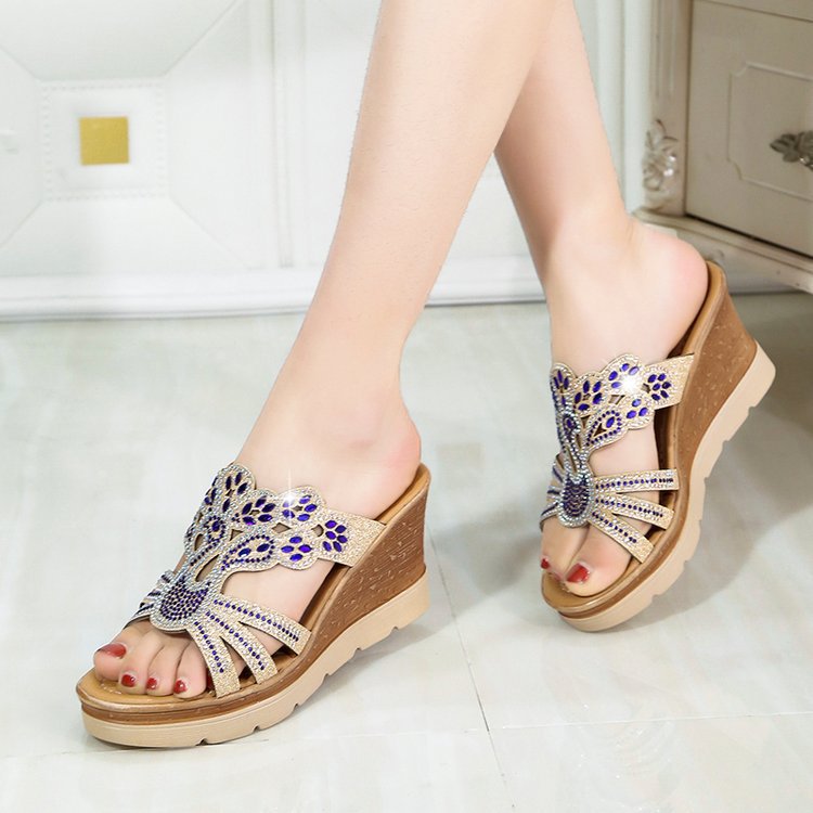 Summer New Style Rhinestone High-heeled For Women, Platform Thick-soled Sandals, Large Size Wedge Sandals Wholesale_vogvips.com