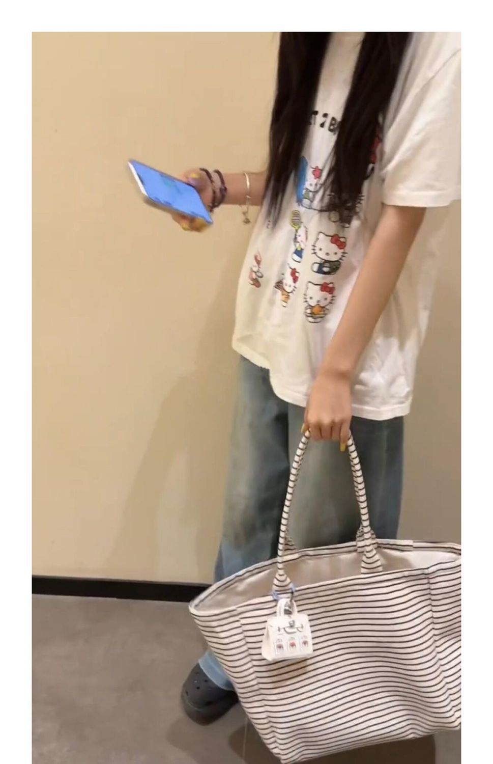 Korean Style High-Appearance Striped Canvas Tote Bag Large Capacity New Model Commute Handbag Single Shoulder Bag Women Shopping Bag
