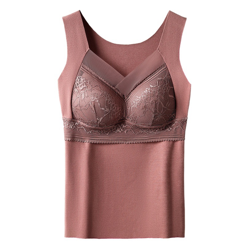 Otoño e Invierno de doble cara de terciopelo de encaje cepillado chaleco térmico de las mujeres taza fija base engrosada calefacción ropa interior térmica sin costuras