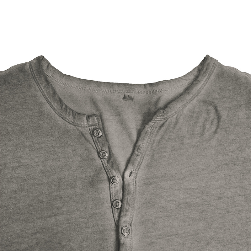Imitation Henry Hemd Langarm Herren Knopfleiste gewaschenes altes V-Ausschnitt T-Shirt Top_voghion.com