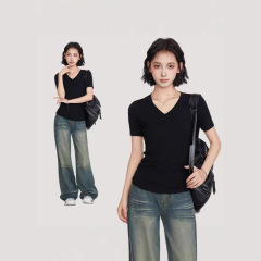 220グラム純綿女性vネックtシャツ2025春夏正肩女性インナー韓国系高級ショート半袖上着