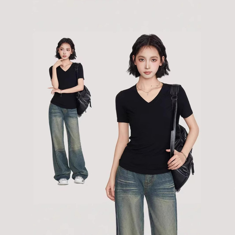 220g Cotton Women's V-neck T-shirt 2025 Spring and Summer Shoulder Women's Korean High-end Short-sleeved Top