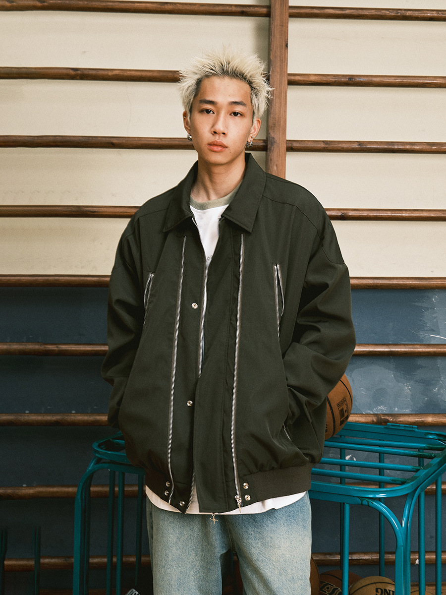 Chaqueta con cremallera de solapa de primavera y otoño para hombre, marca de moda casual, guapo, diseño retro japonés, estilo de Hong Kong, chaqueta de todo fósforo americana