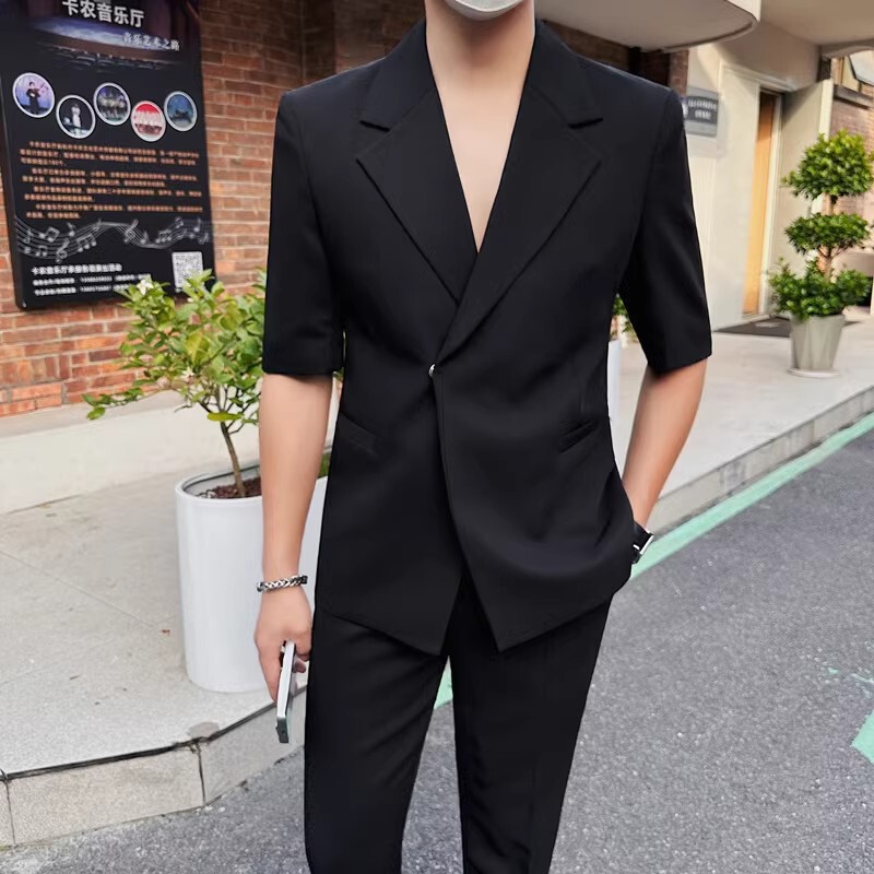 High-End Three-Quarter Sleeve Suit for Men, Korean Style, Trendy, Fashionable, Casual, Mature Style, Summer Short-Sleeved Suit Top, Thin Style