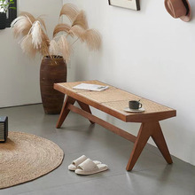 长凳实木诧寂风藤编椅子茶桌椅昌迪加尔设计师民宿玄关换鞋凳胡桃