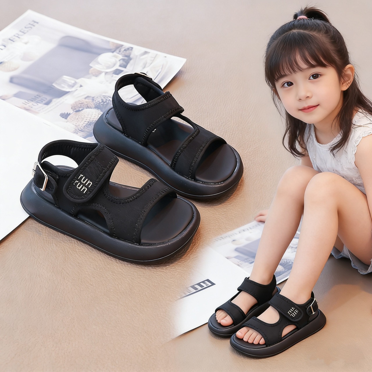 Kids' Black Roman Sandals Comfortable Lightweight Soft Sole for School And Beach_voghion.com