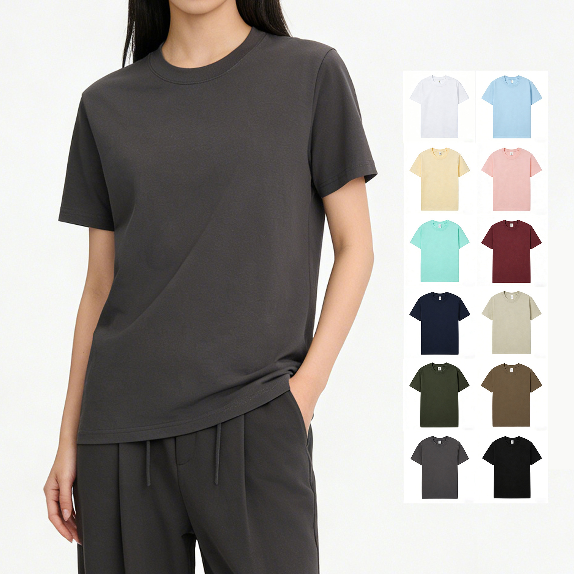 Summer cotton solid short sleeve T-shirt with a round collar