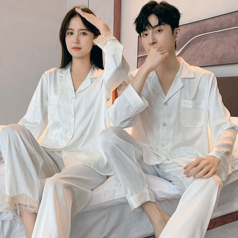 White couple pajamas women's spring and autumn ice silk long sleeve high-grade new herringbone pattern men's silk home wear
