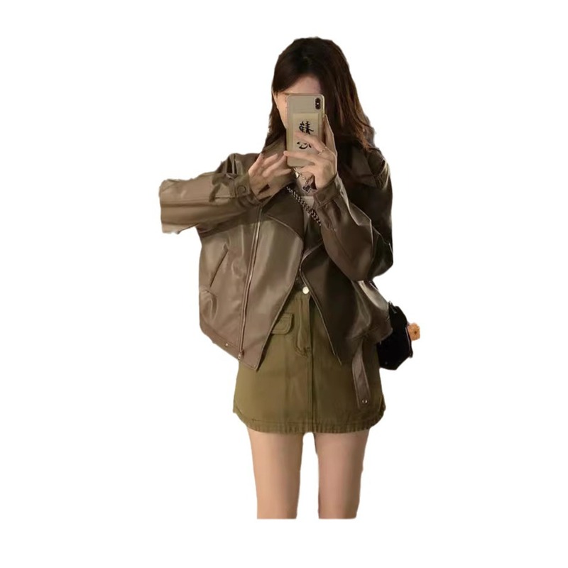 アメリカのレトロなpuの皮の服のコートの女性の2024秋の小さい人はゆったりしていて痩せている機関車の服の短いジャケットの上着を現します。|undefined