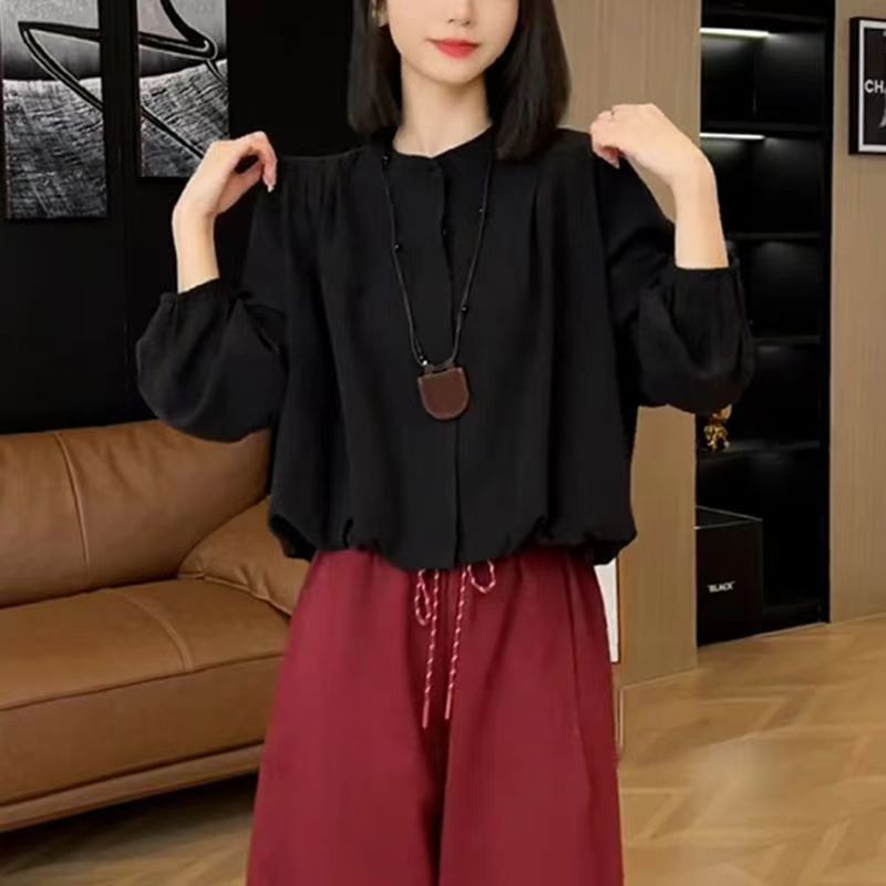 早秋穿搭一整套简约纯色长袖圆领短款衬衫女高腰宽松休闲显瘦长裤|undefined