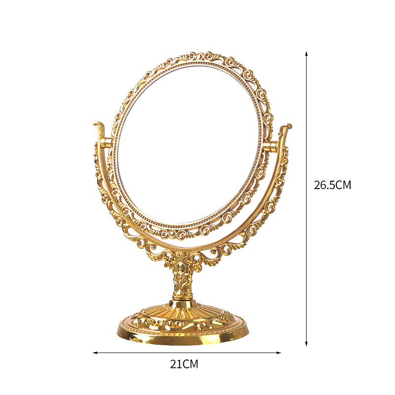 Espejo de maquillaje de doble cara de galvanoplastia de lujo retro de estilo europeo, tocador, decoración de escritorio para dormitorio, espejo de princesa francés portátil