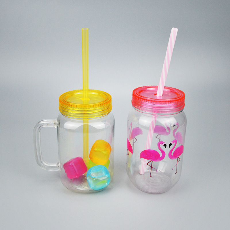 厂家直供 PET梅森瓶 550ml热转印塑料瓶 吸管冷水杯 手柄透明瓶