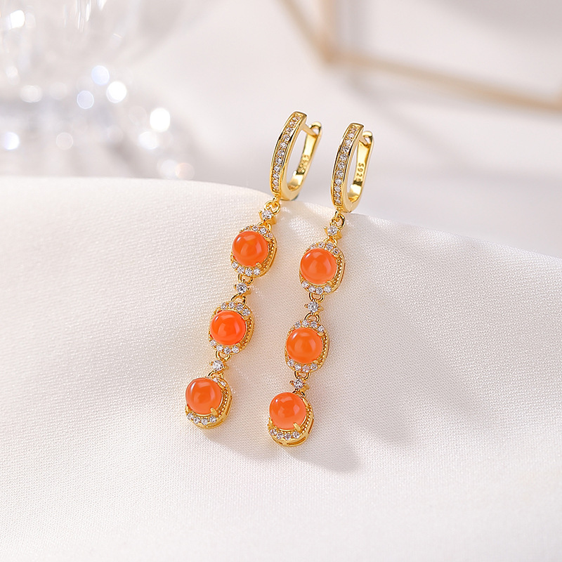 Khuyên tai hoop bạc S925 mạ vàng đỏ đính đá onyx hình học vintage — Cặp đôi