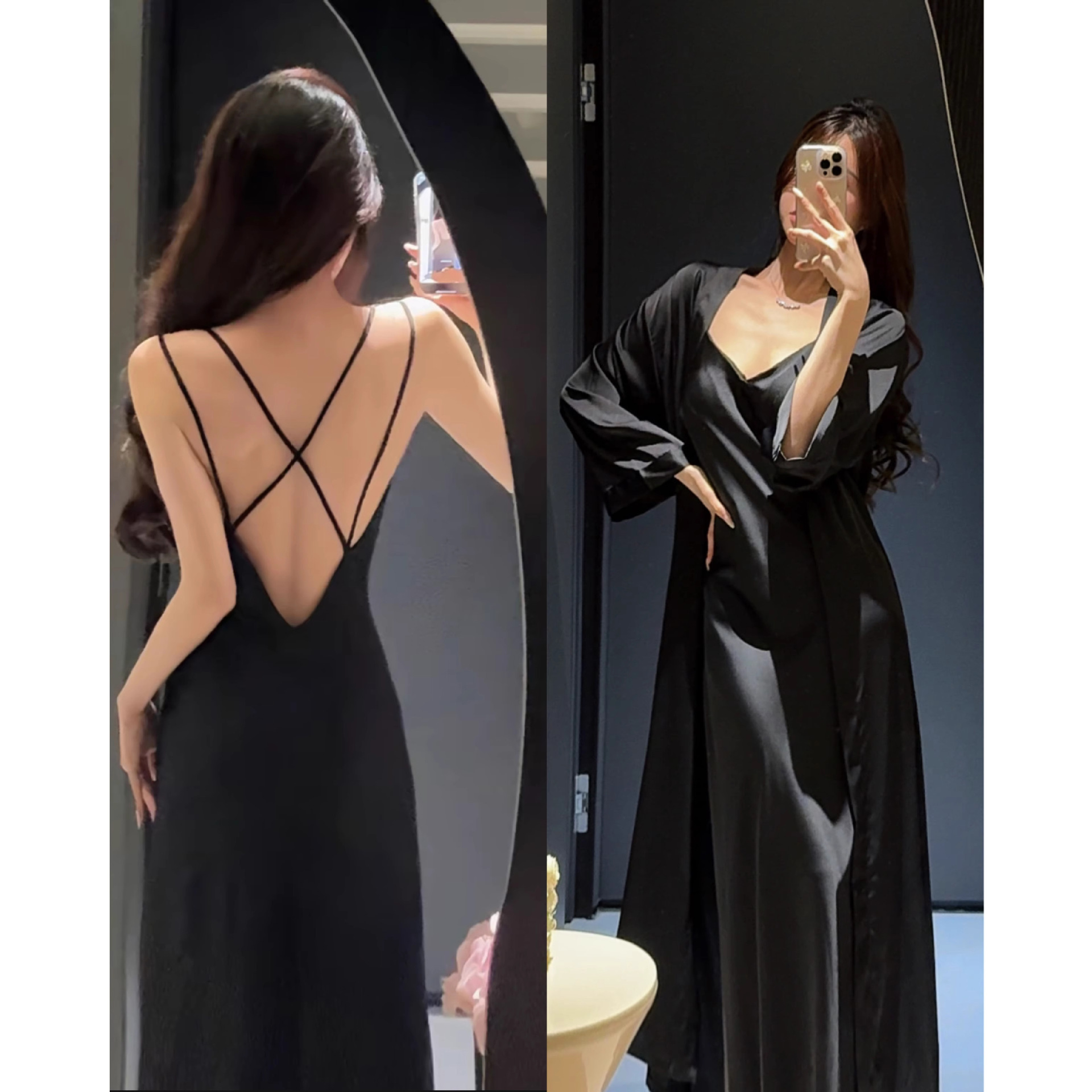Summer Backless Pure Lust Style Sexy Pajamas and Nightgown Set with Breast Pads, High-End Suspender Long Nightgown for Women
