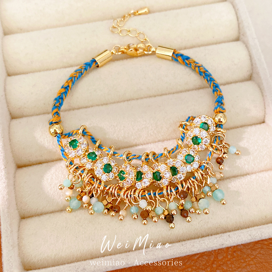 Cuerdas de color trenzadas zircon pulsera de vidrio redondo ligera de lujo nicho de alta sensación pulsera estilo nacional joyas retro