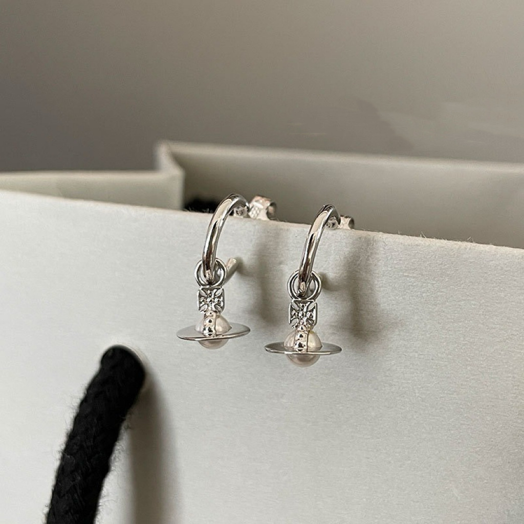 Saturn Mini Pearl Three-Dimensional Pendant Earrings Women's Niche Design Light Luxury New Cute Silver Needle Earrings