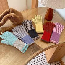 韩版ins学院风条纹针织长款手套女冬季新款触屏防寒骑行保暖手套