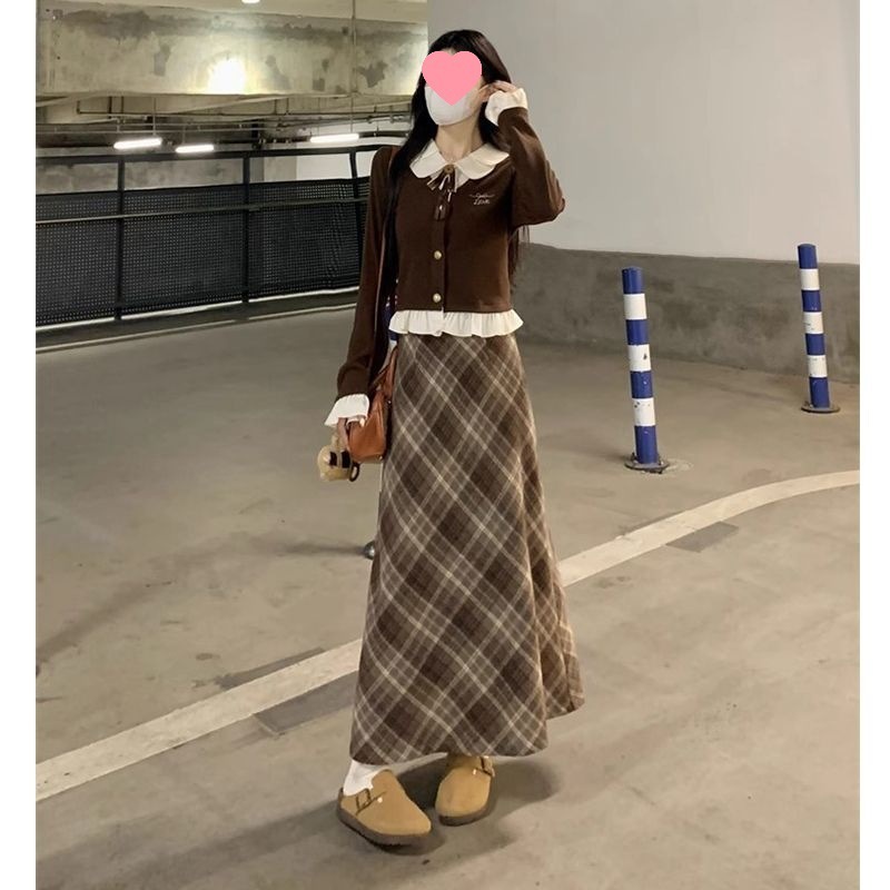 小个子美拉德穿搭复古格纹半身裙设计感拼接长袖上衣套装秋冬季女|undefined
