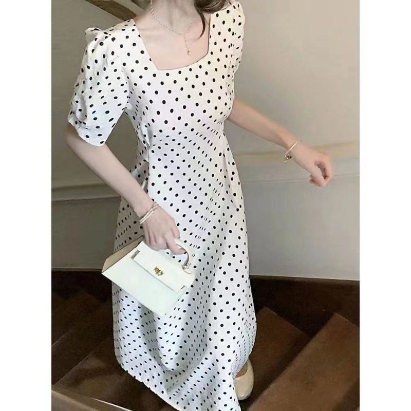 Platycodon French Polka Dot Dress Women's Short-Sleeved 2025 Summer New Square Neck Slimming Look Mid-Length A-Line Skirt Platycodon French Polka Dot Dress Women's Short-Sleeved 2025 Summer New Square Neck Slimming Look Mid-Length A-Line Skirt