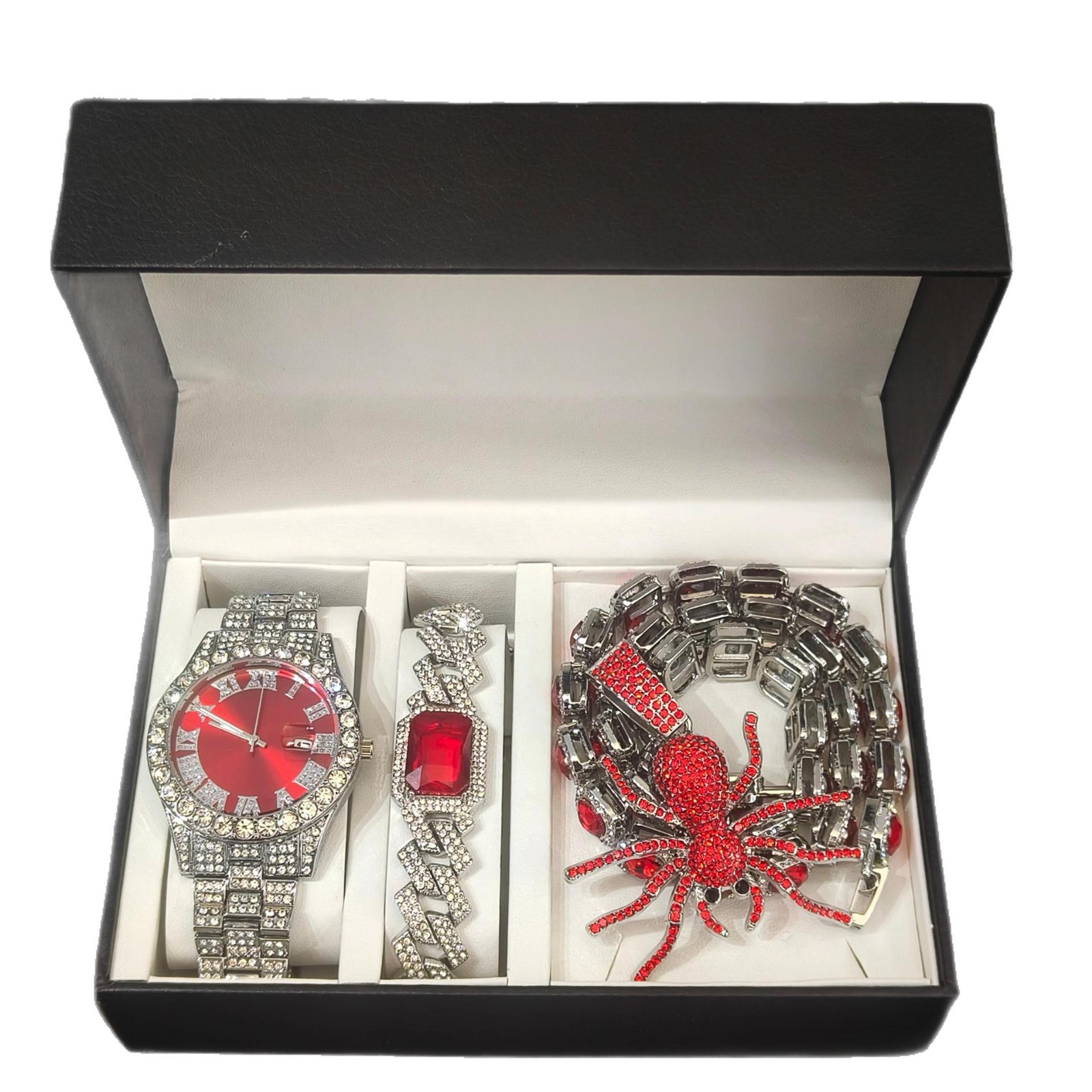 Europa y América hip hop diamantes reloj romano azúcar cubano color collar pulsera colgante araña conjunto de caja de regalo de alto nivel