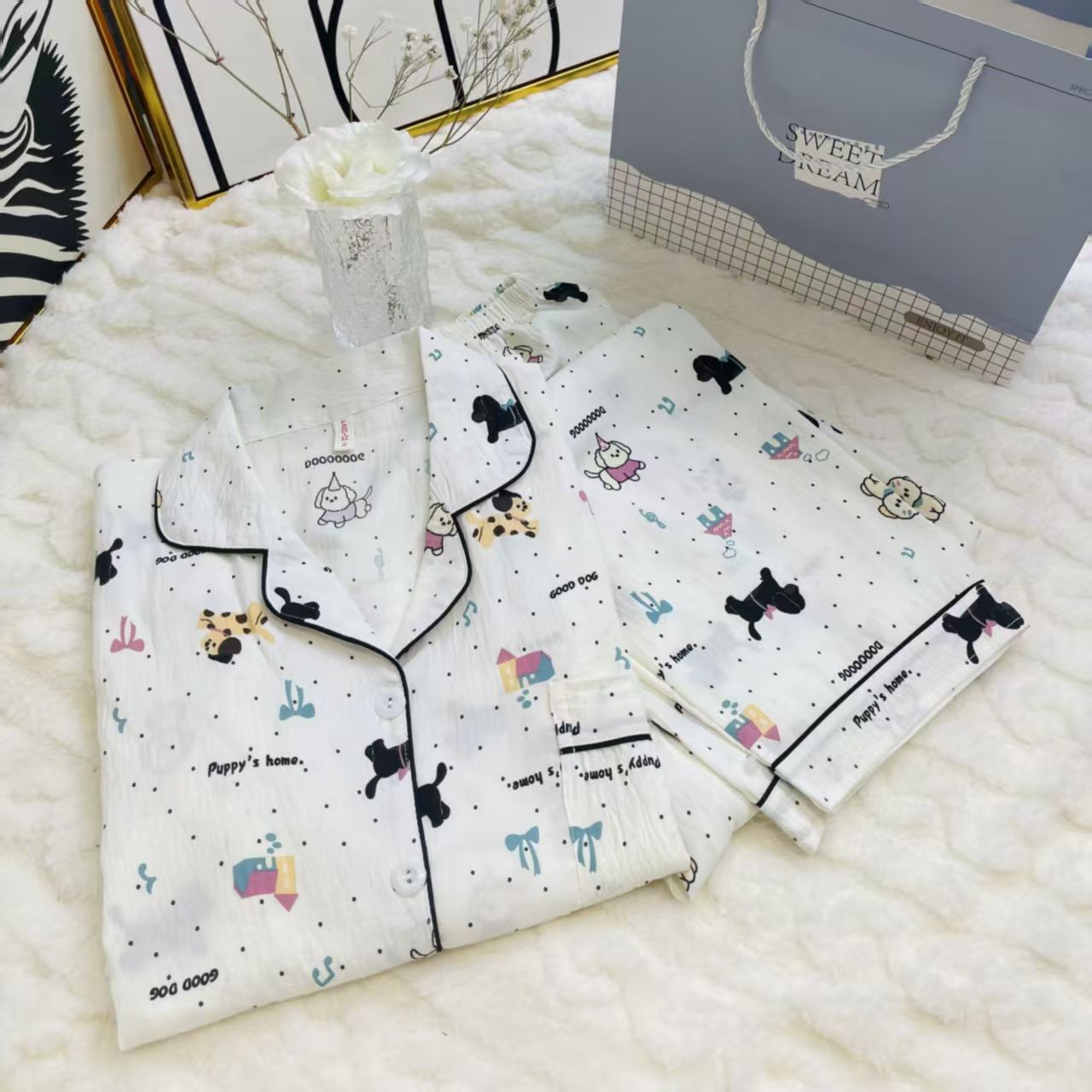 Verano nuevo pijama de algodón nube mujer suelta delgada pantalones de manga corta dos piezas conjuntos de dibujos animados impresión pareja ropa para el hogar