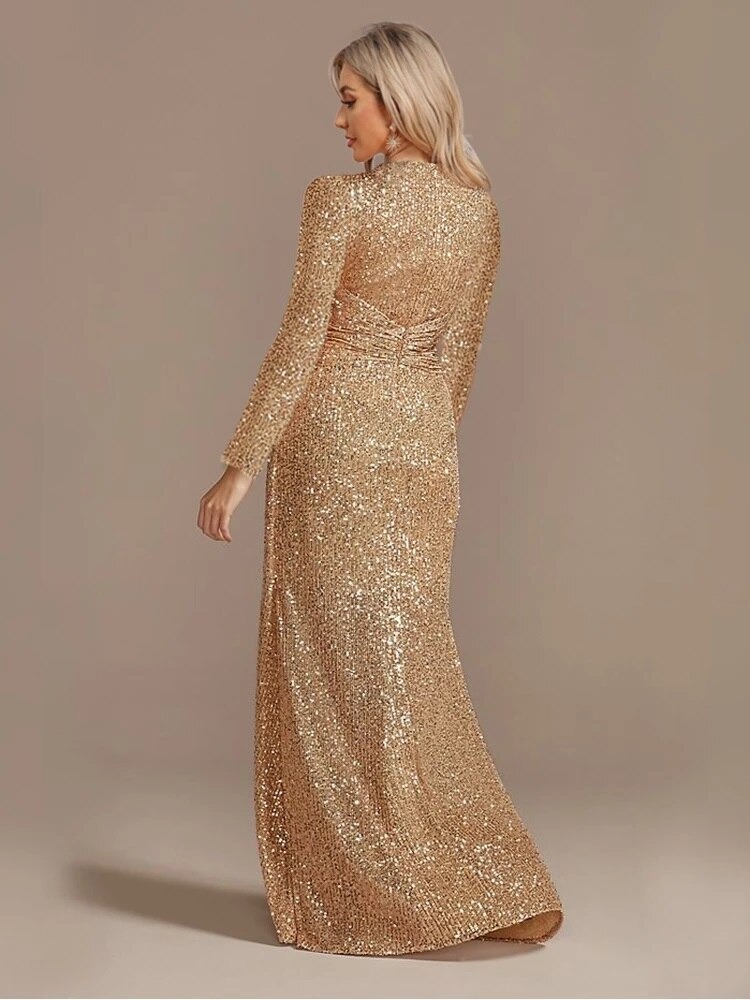 Elegantes Langarm Pailletten Abendkleid Für Damen Einfarbig_voghion.com