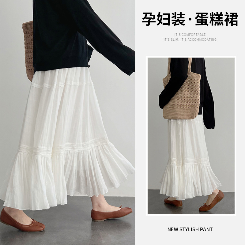 In-Stock High-Quality Maternity Dress, White Tiered Dress, 2025 New Model for Women, Spring and Autumn High-Waisted A-Line Midi Umbrella Dress