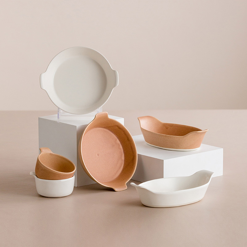 Japan Imported Eternal Ware Heat-resistant Ceramic Rice Baking Pan Baking Bowl Japanese Simple Double-eared Plate Can Be Put Into The Oven