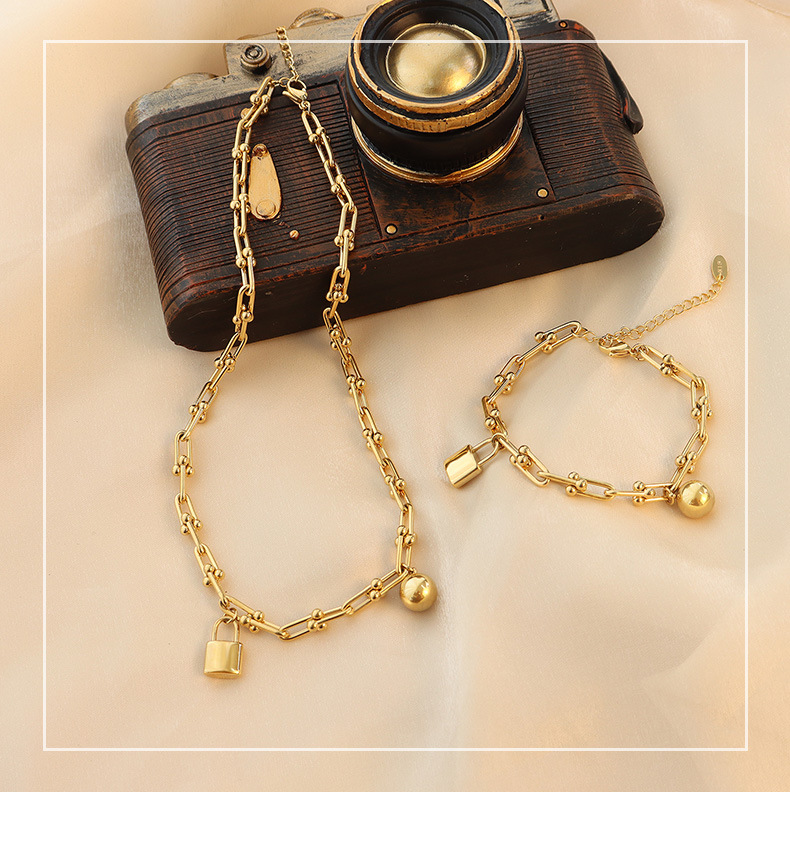 European and American lock round bead titanium steel 18k gold necklace bracelet