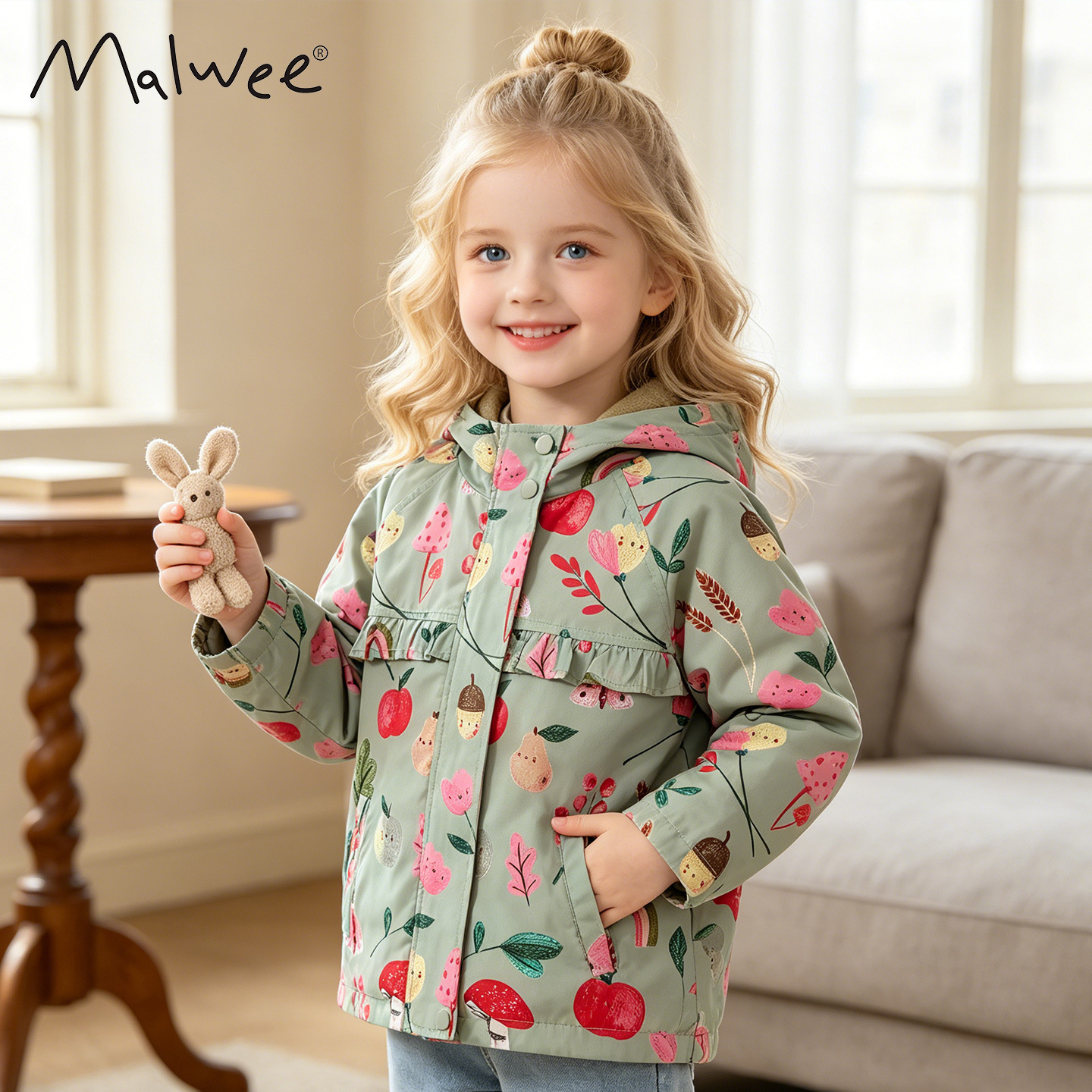 malwee Autumn European and American Style Girls' Outerwear, Windbreaker, Long-Sleeved Hooded Zipper Top