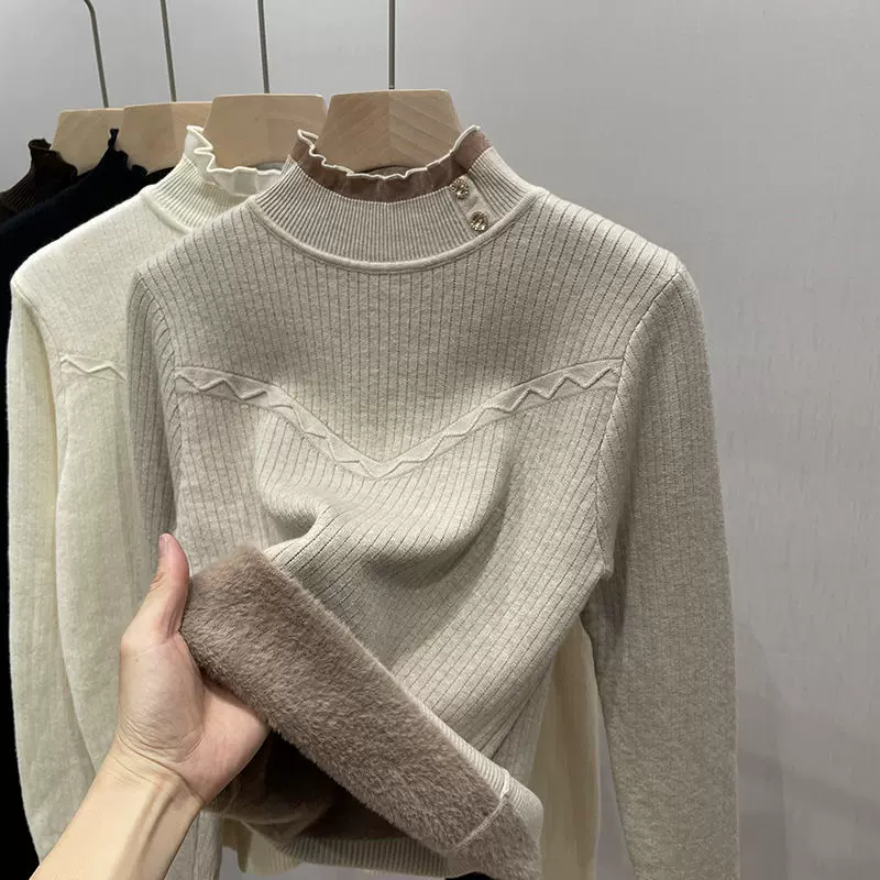 加绒加厚毛衣女士冬装半高领一体绒打底衫2024新款针织保暖上衣潮