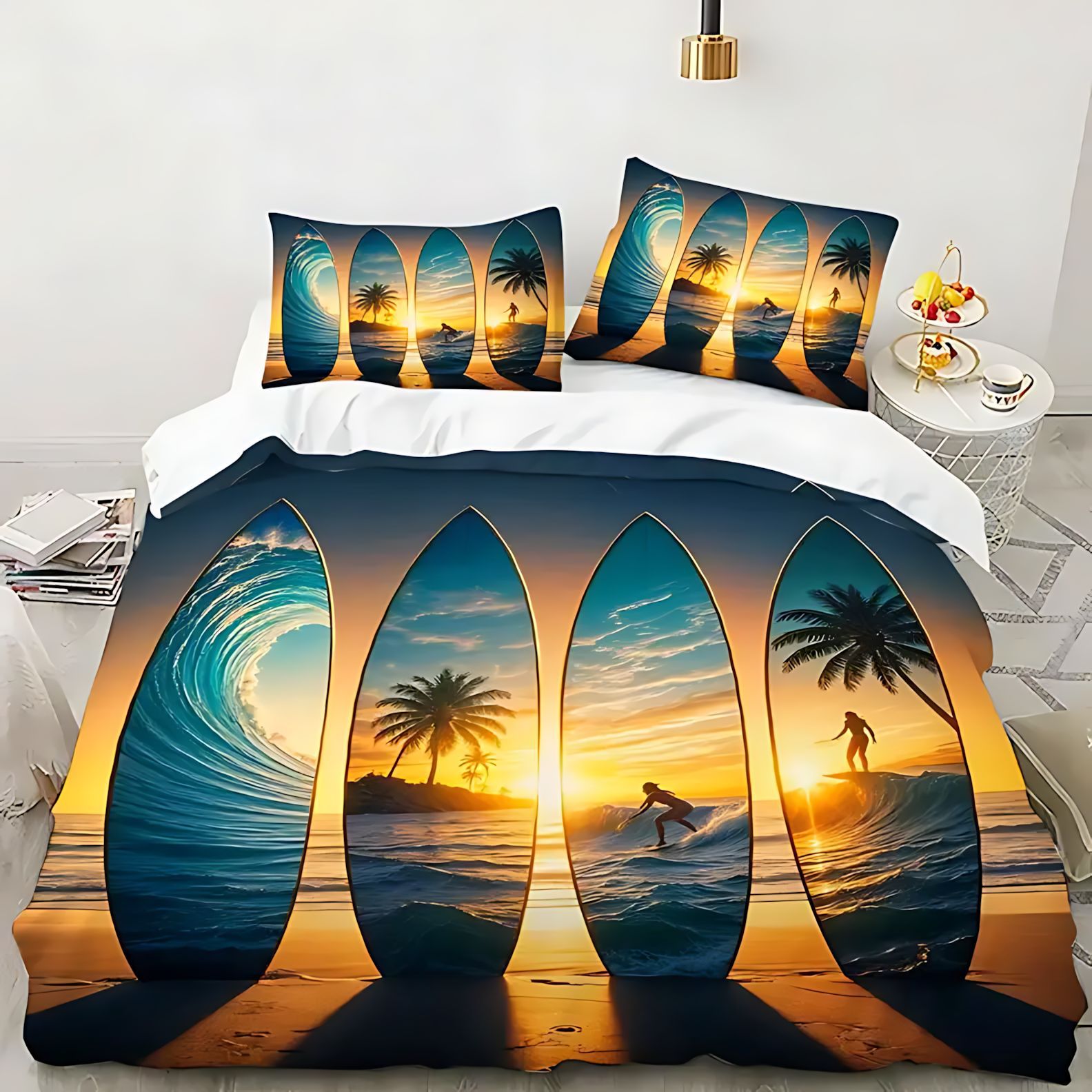 TEMU / JIT transfronterizo Sunset AFHUI impresión digital de alta definición colcha de colcha de almohada conjunto de ropa de cama para diseñar