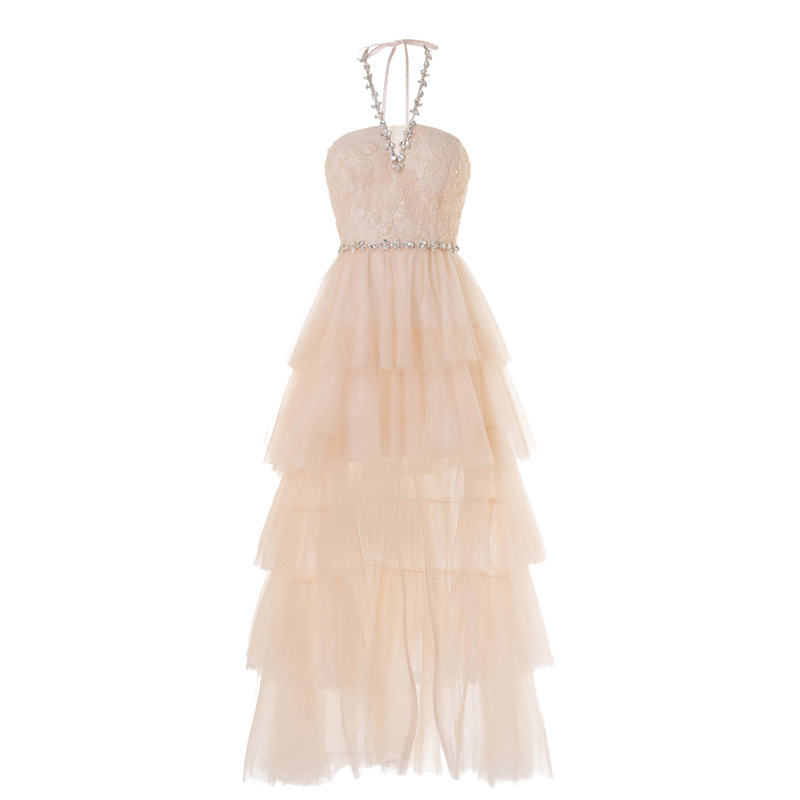 Fairy Cake Dress 2026 Spring New Style Elegant Socialite Evening Gown with Beading and Halter Neck, Daily Trendy Party Dress