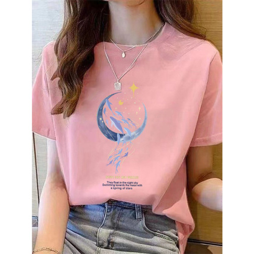 Cotton Loose Short Sleeve T-shirt for Women - Summer New Arrival, Beautiful Top with Moon Print Design, Round Neck for Spring and Autumn