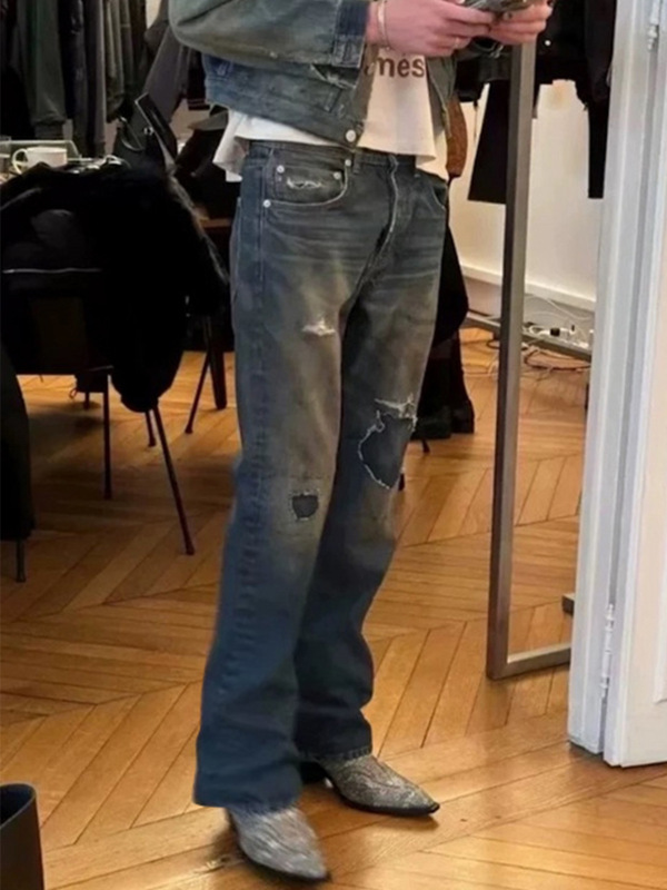MIJKO男装女水洗灼烧补丁做旧牛仔裤微喇阔脚男女同款破坏蓝长裤|undefined