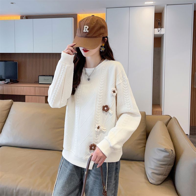 提花圆领长袖卫衣女春秋季2025年新款立体花朵装饰宽松打底衫上衣|undefined