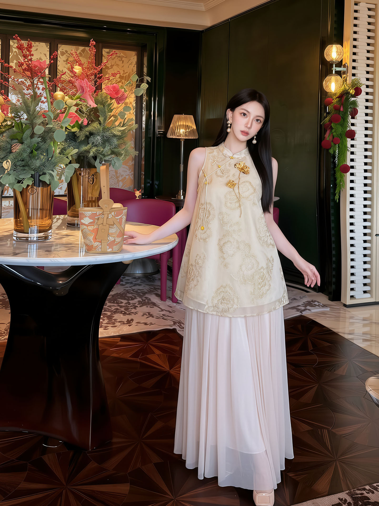 Đầm maxi nữ thắt eo thiết kế cổ điển họa tiết hoa nổi — Gừng