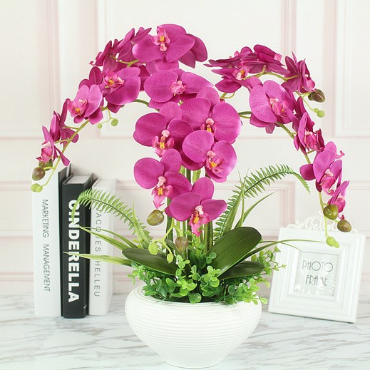 Orquídea artificial Phalaenopsis en maceta de cerámica grande, decoración de interior, flores de seda realistas