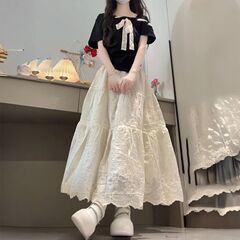 夏日森系甜美少女学院黑色蝴蝶短袖上衣新款杏色高腰气质半身长裙