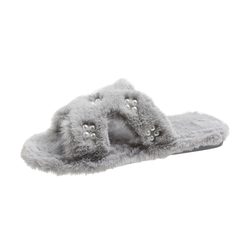 New Furry Slippers Women S Simple Hollow Pearl Word Home Plush Shoes Floor Wholesale Amazon_voghion.com