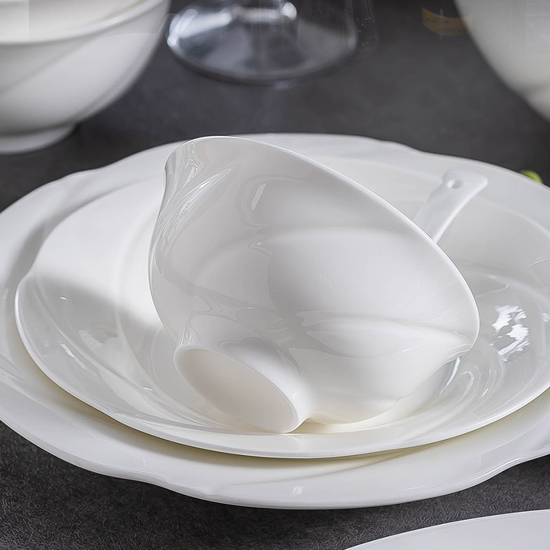 Pure White Engraved High-End Bowls, Plates, and Dishes for Home Use, Single Bone China Dinner Plate, Underglaze Color High-End Ceramic Tableware