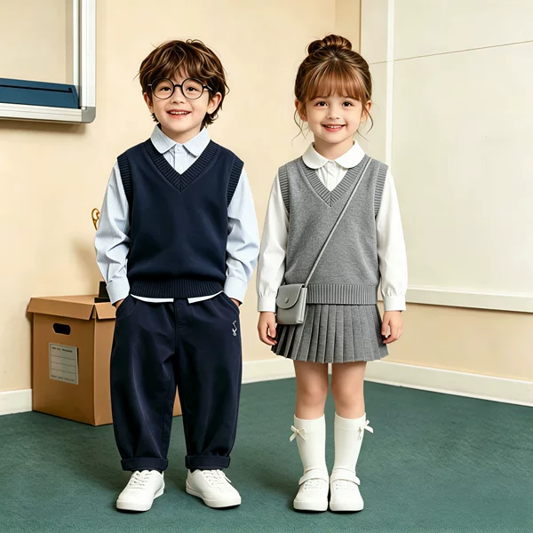 New British-Style Children's Academy-Style V-Neck Knitted Vest for Spring and Autumn, Thin Cotton Sweater Vest for Boys and Girls