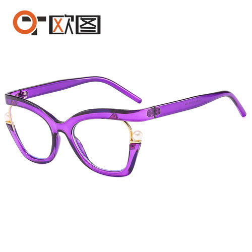 4109 Rainbow-colored dazzling flat mirrors for women, European and American ins style pearl-decorated cat-eye glasses frames
