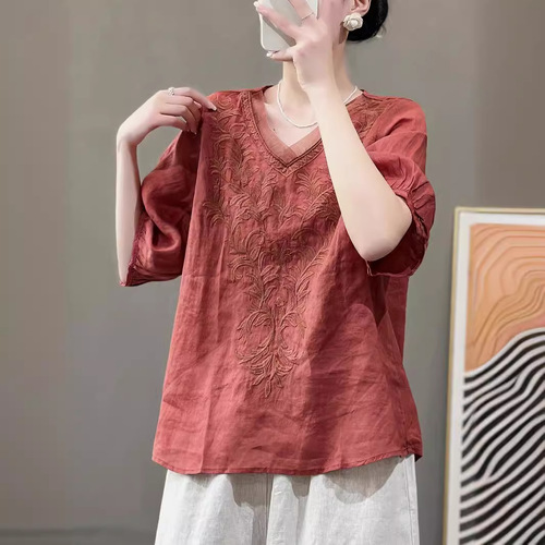 Ladies' Summer Thin V-Neck Embroidered Workmanship Casual Wearable Thin Cotton-Linen Shirt