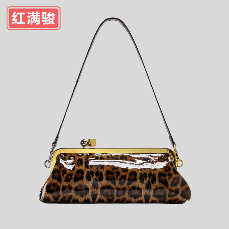 Mirror Baguette Bag, High-End Round Ball Metal Block Clip Bag, Women's Evening Bag, Shoulder Armpit Bag, Leopard Print Clutch Bag