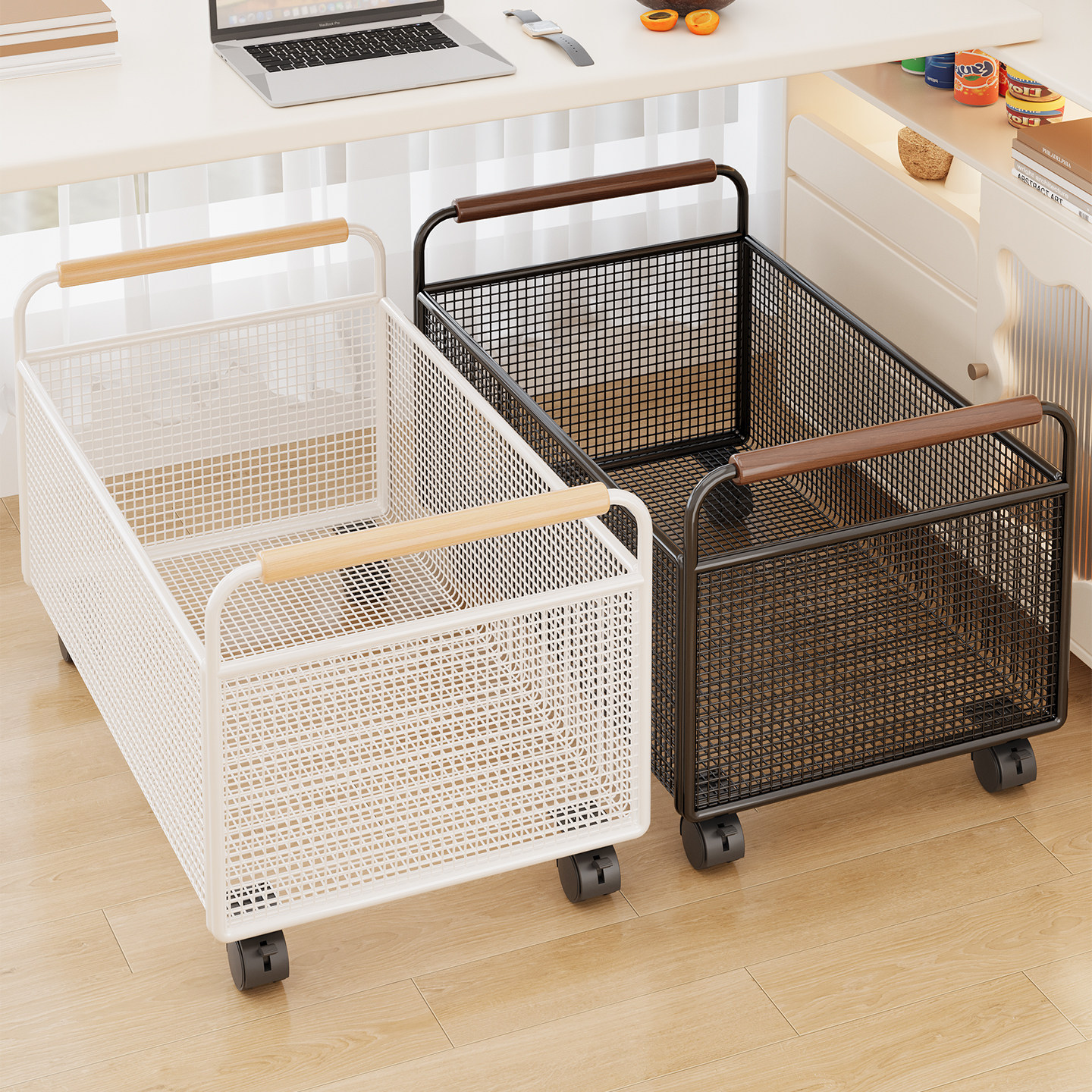 School Bag Storage Rack, Book Cart with Wheels, Portable Storage Basket, Under-Desk Book Storage Shelf
