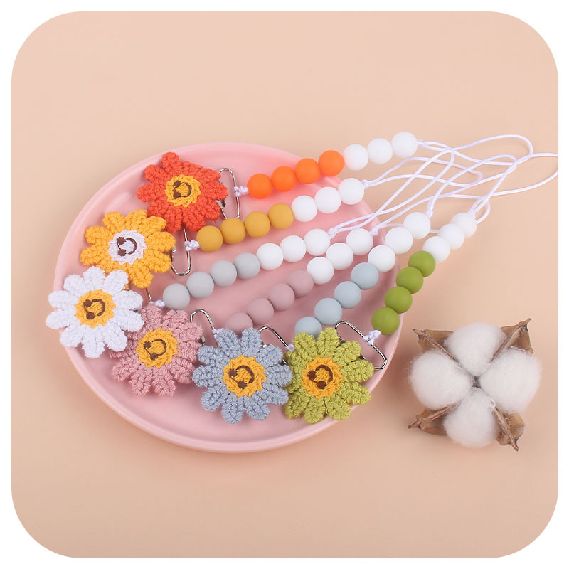 Bebé suministros nuevo ganchillo DIY girasol chupete clip bebé cuentas de silicona girasol clip chupete cadena