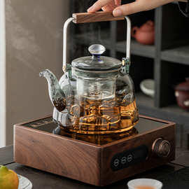 电陶炉胡桃木煮茶炉围炉煮茶器玻璃烧水壶家用电热茶炉茶具泡茶炉