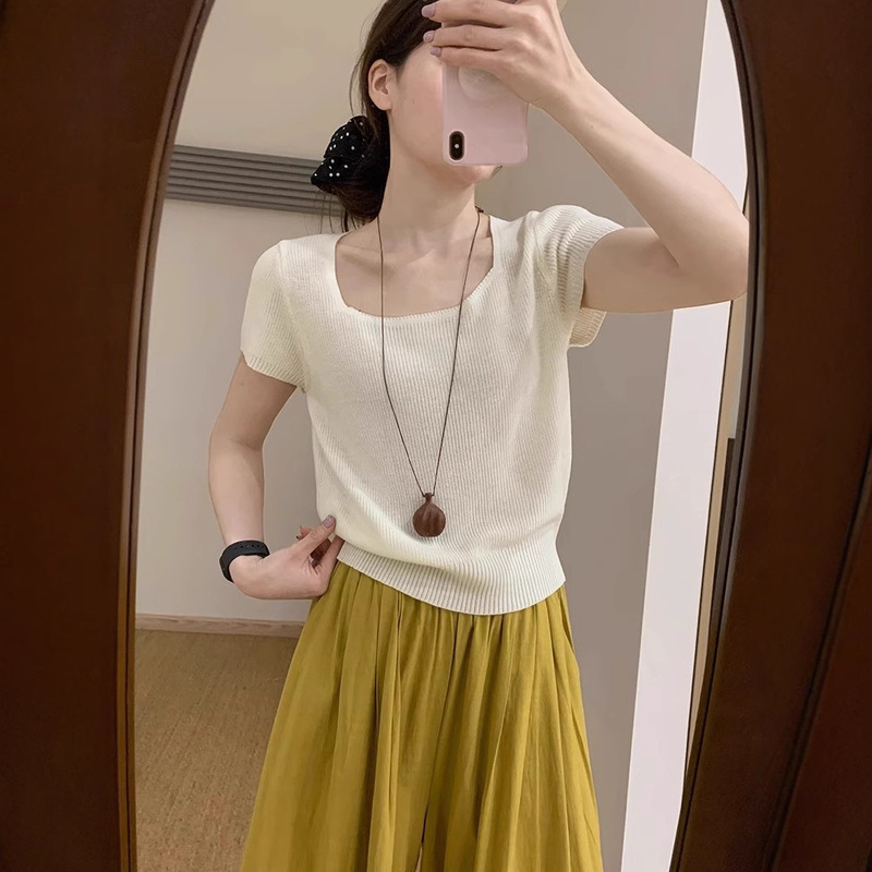 夏スクエアネッククラインブルー半袖セーター婦人服韓国風ショートアイスシルクボトムシャツ西洋スタイル痩身トップ|undefined